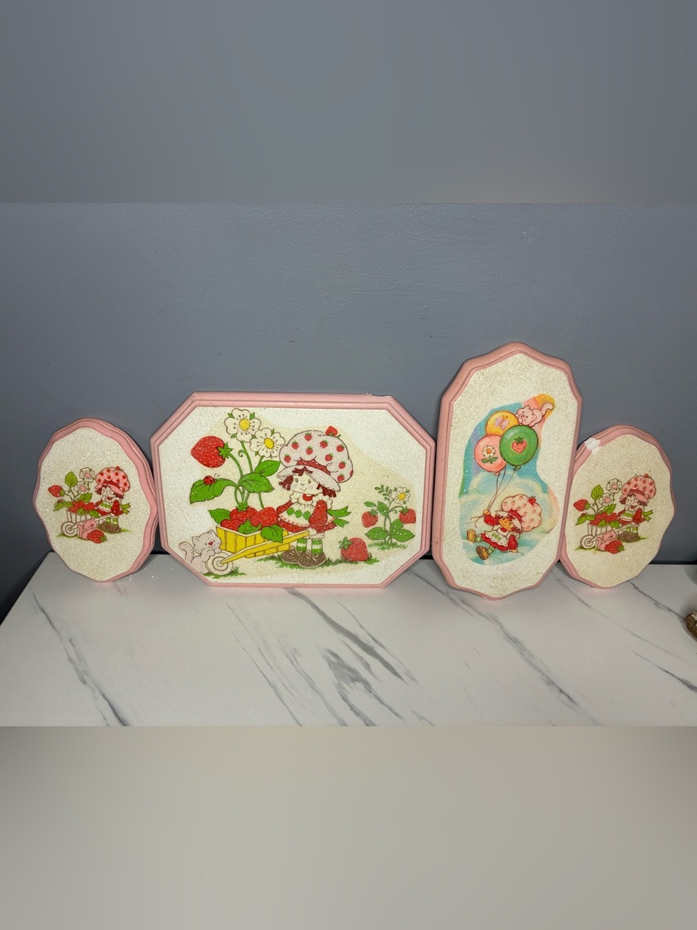 1983 Strawberry Shortcake Wall Plaques Set of 4 Handmade Glitter Decor